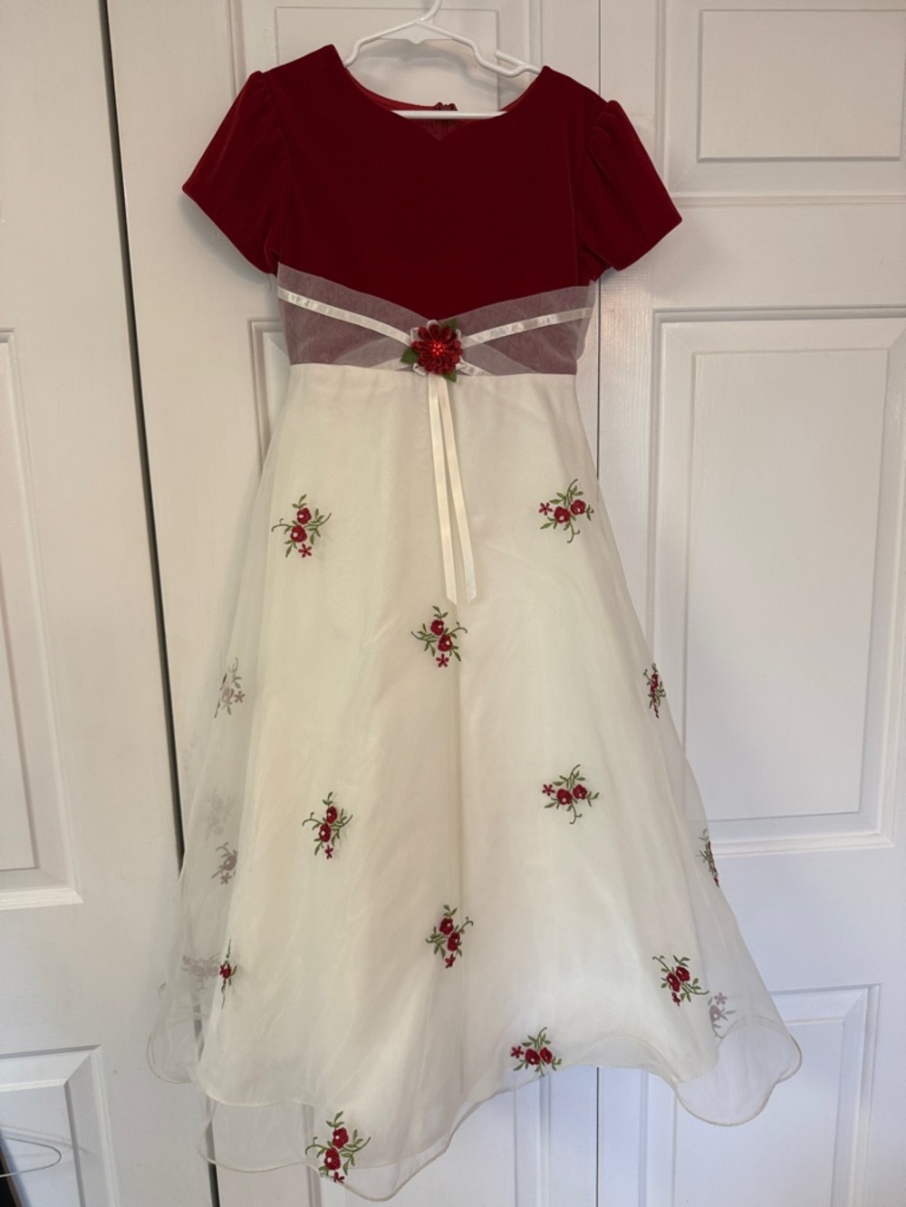 Bonnie Jean Red and Cream Floral Embroidered Party Dress